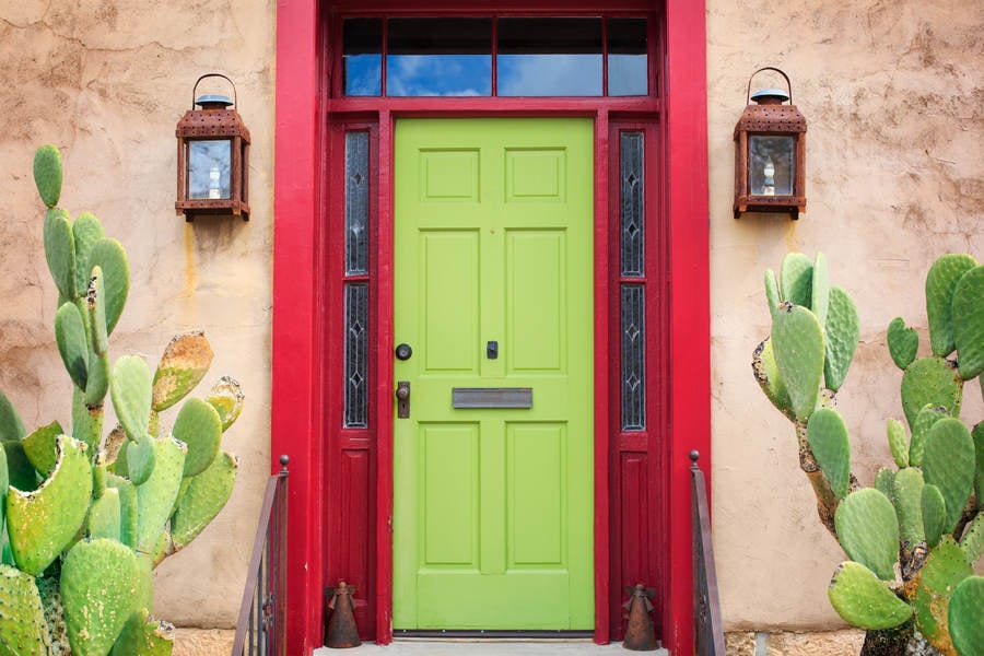 Stucco Facade with a Colorful Front Door in the Sonoran Style