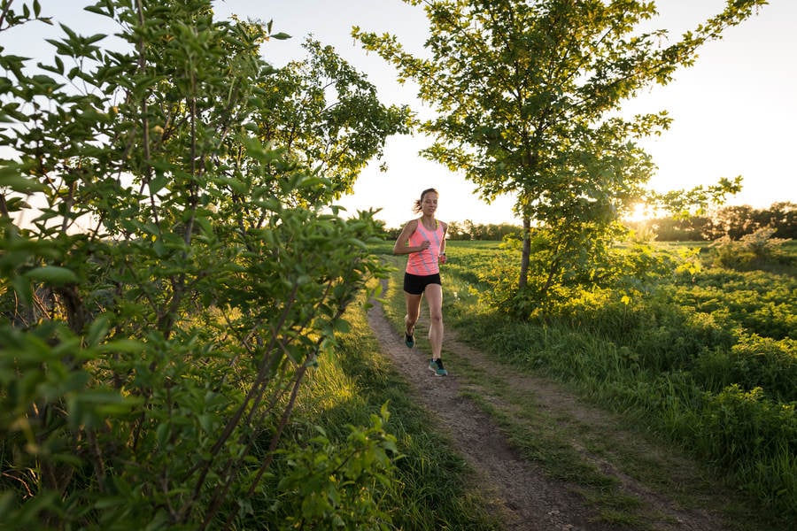 Young Athletic Woman Jogging on a Trail During Sunset