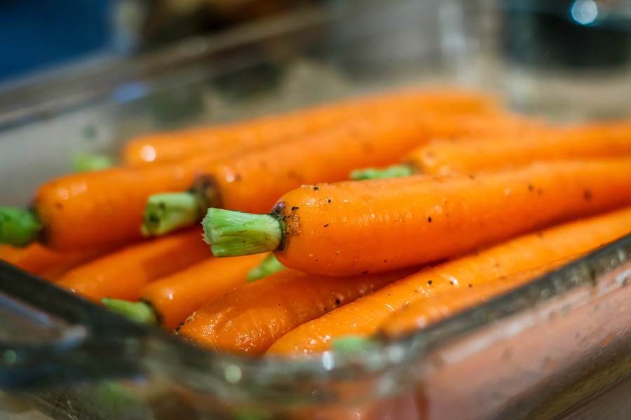Seasoned Carrots Arranged in a Glass Baking Dish