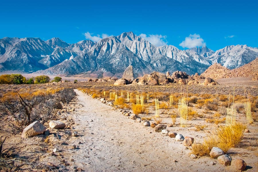 Desert Hiking Trail with Mount Whitney in the Background