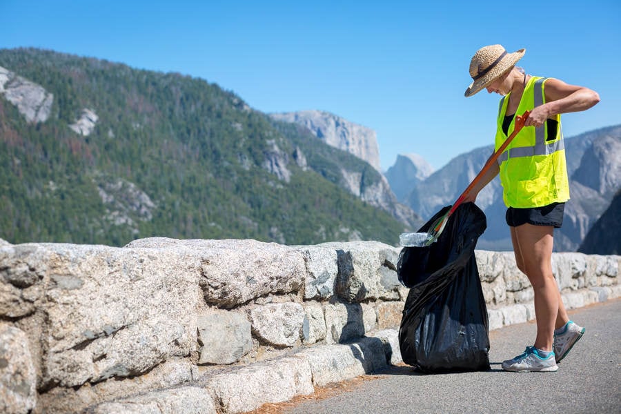 A Cleanup Volunteer Collecting Litter by a Road