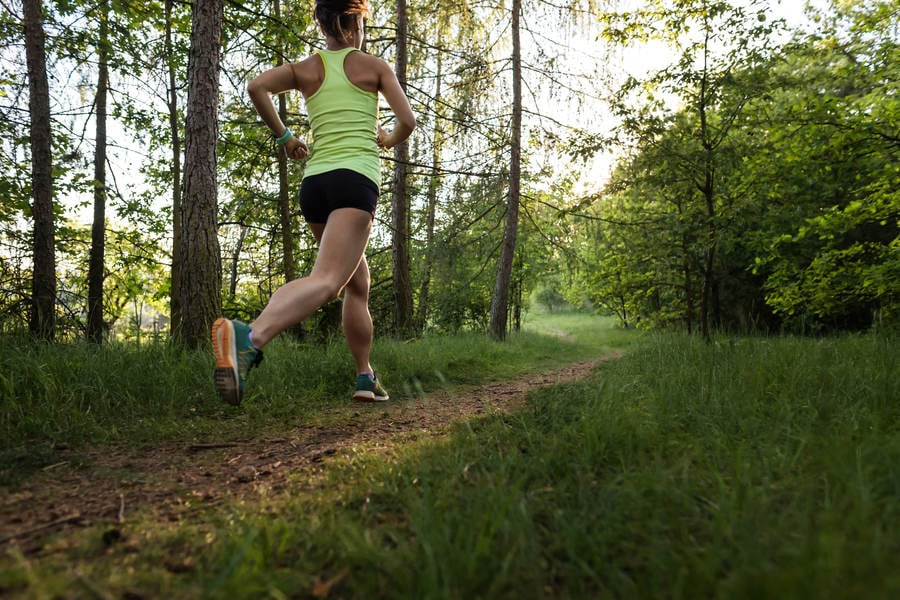 Athletic Woman Running on a Forest Trail During Sunset
