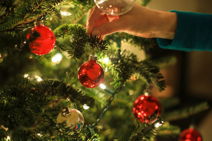 Detailed View of a Woman Placing a Red Tree Ornament on a Christmas Tree