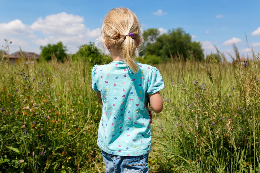Rear View of a Little Girl Walking on a Trail Through Tall Grass