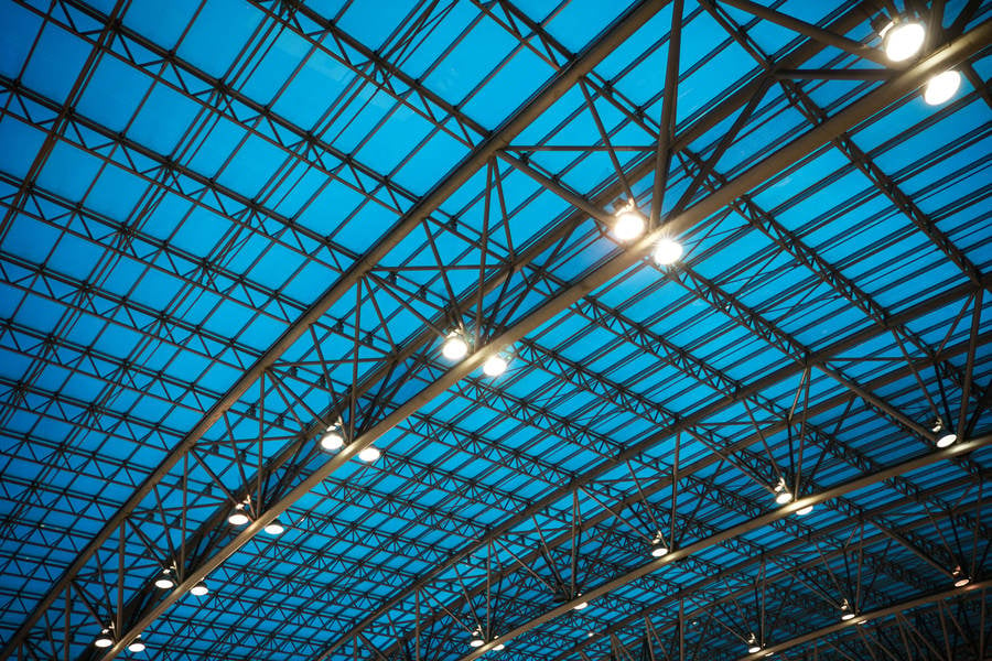 Full-Frame Shot of a Departure Hall Ceiling with Industrial Lights