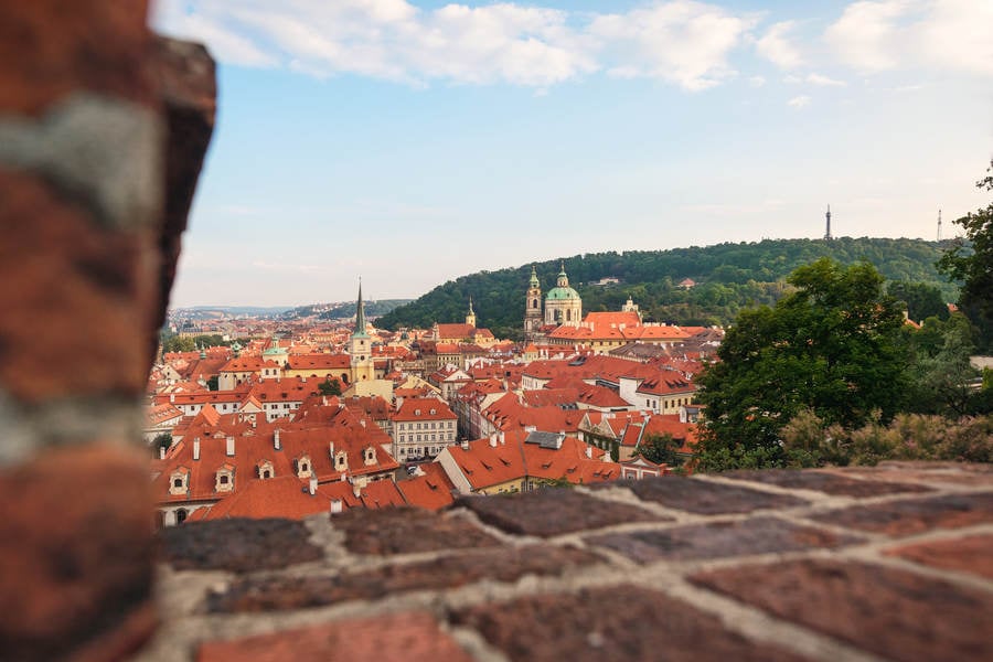 View from a Castle Wall of a Historic Town District with a Baroque Church