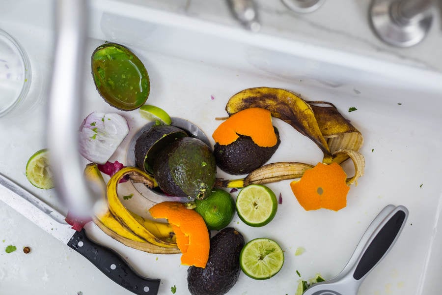 From-Above View of Fruit Scraps in a Kitchen Sink