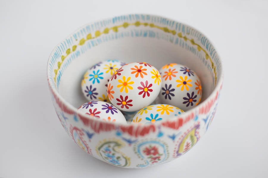 Easter Eggs Decorated with Flower Petal Stickers Arranged in a Bowl