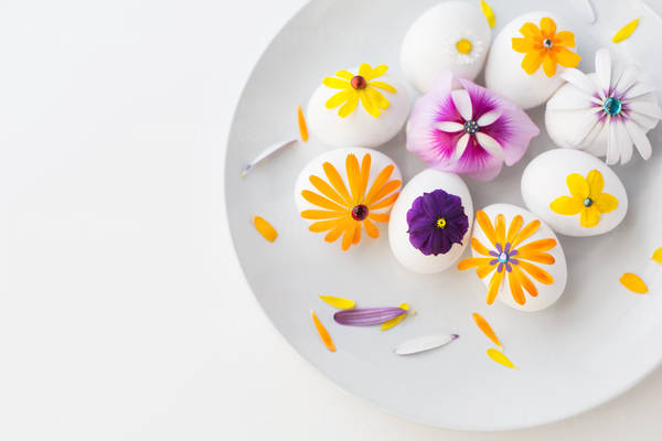 White Plate with Easter Eggs Decorated with Flower Petals