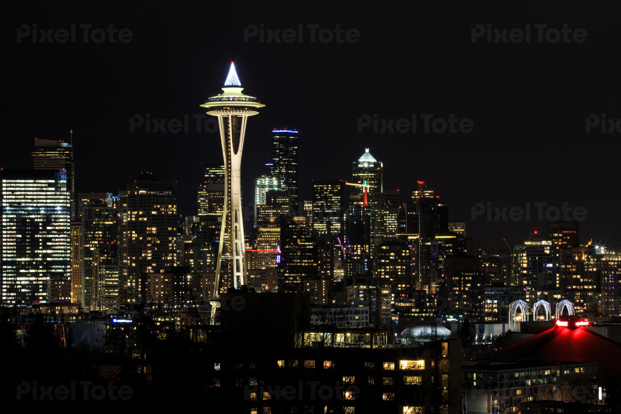 FullFrame View of Seattle Downtown at Night Stock Photo — PixelTote