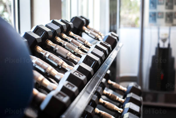 Low Angle View of Racked Dumbbells in a Gym