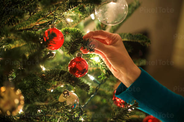 Close-Up of a Woman Placing a Red Ball Ornament on a Christmas Tree