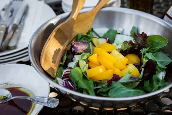 Metal Bowl with a Vegetable Salad on a Picnic Table Outdoors