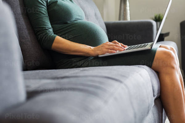 Pregnant Woman Sitting on a Couch and Working on a Laptop