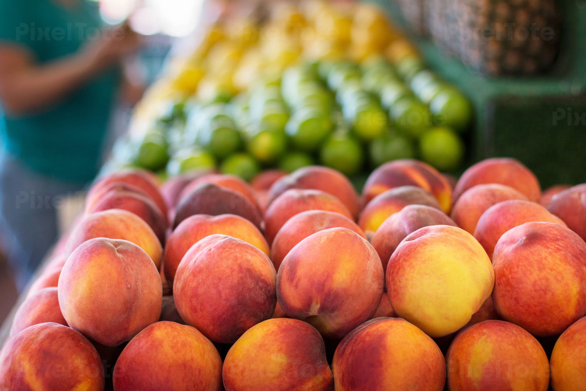 Fresh Peaches at a Farmers Market Stock Photo PixelTote