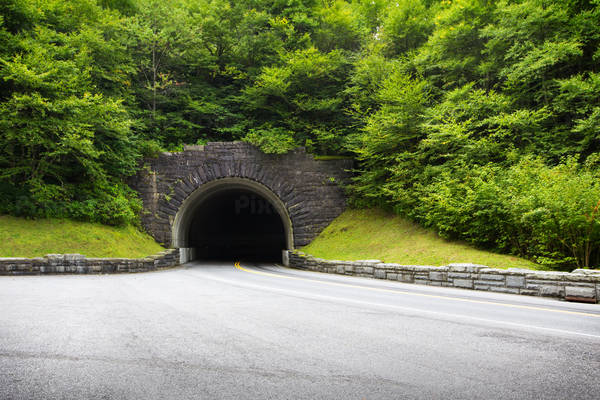 Mountain Road Going Through a Tunnel Surrounded by Trees
