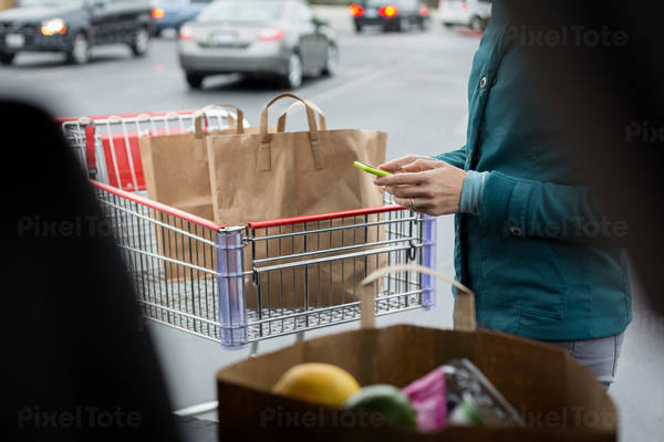 Woman Standing by a Shopping Cart and Looking at a Grocery List on a Cell Phone