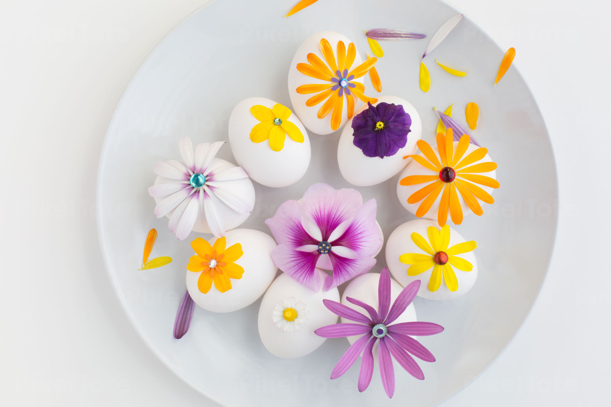 White Plate With Easter Eggs Decorated With Flower Petals Stock