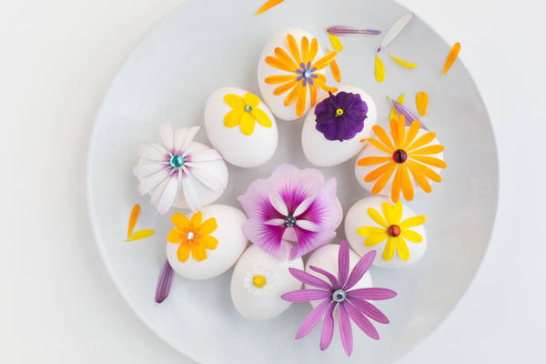 White Plate with Easter Eggs Decorated with Flower Petals