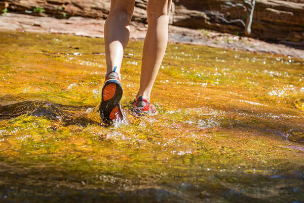 Lower Section of a Female Hiker Walking Through a Running Water