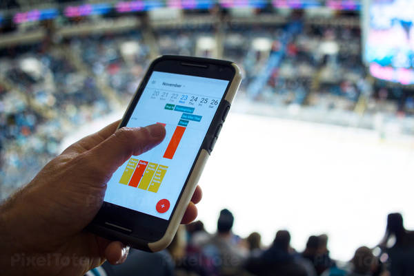 Man Using His Cell Phone During Ice Hockey Game
