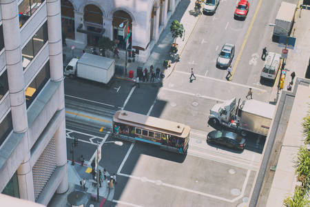 From Above View of a Street with Cars and a Cable Car