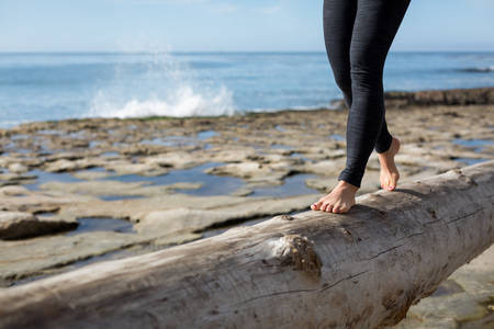 Low Section of a Woman Walking on a Tree Log on a Beach