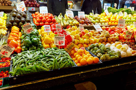 Fresh Fruit and Vegetables on a Stand at an Indoor Farmers' Market