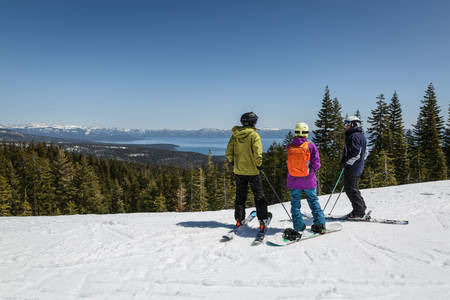 Two Skiers and a Snowboarder at a Sunny Scenic Mountain Ski Resort