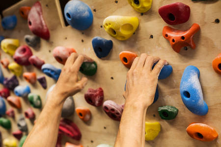 Man's Hands Gripping Holds on a Practice Wall at Home