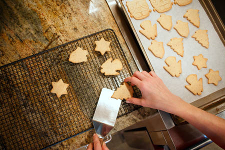 Woman Arranging Christmas Cookies on a Cooling Rack