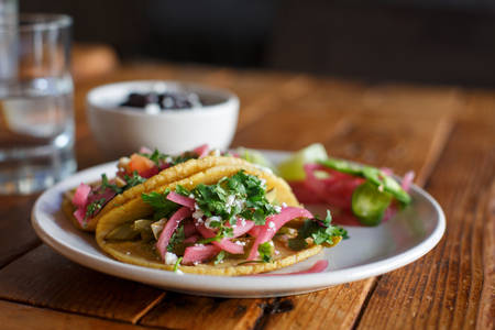 Tasty Looking Tacos with Pickled Red Onion and Cilantro on a Plate