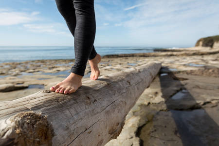 Close-Up of a Woman Walking on a Tree Log on a Beach